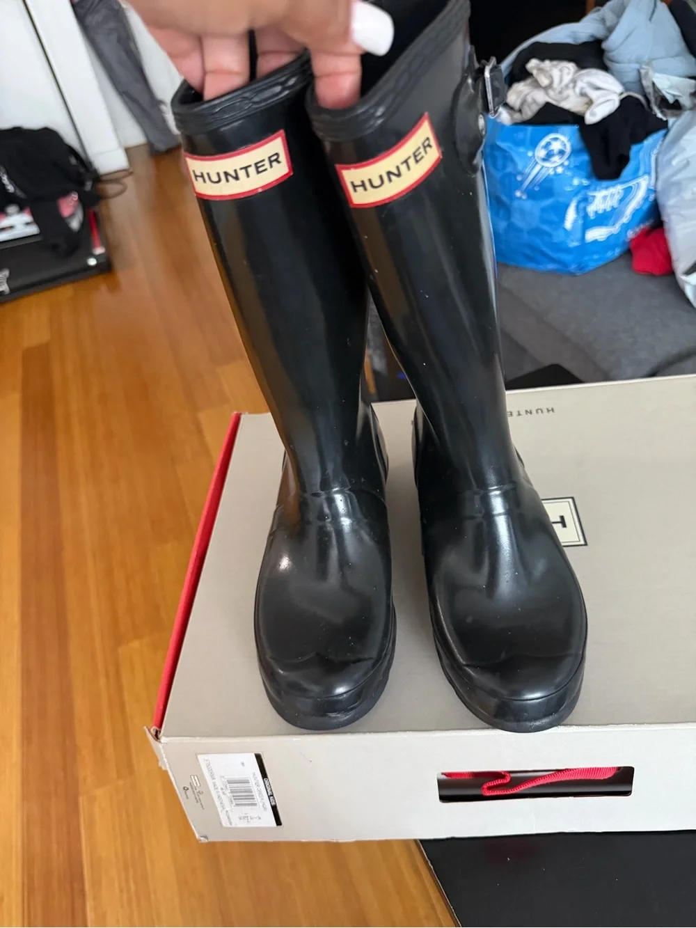 Hunter Gloss Black Tall Rain Boots with Logo Panel